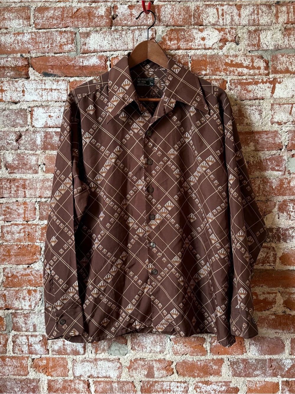 VINTAGE JC Penney Shirt Men  70s Disco Leisure AOP Brown CreamLarge